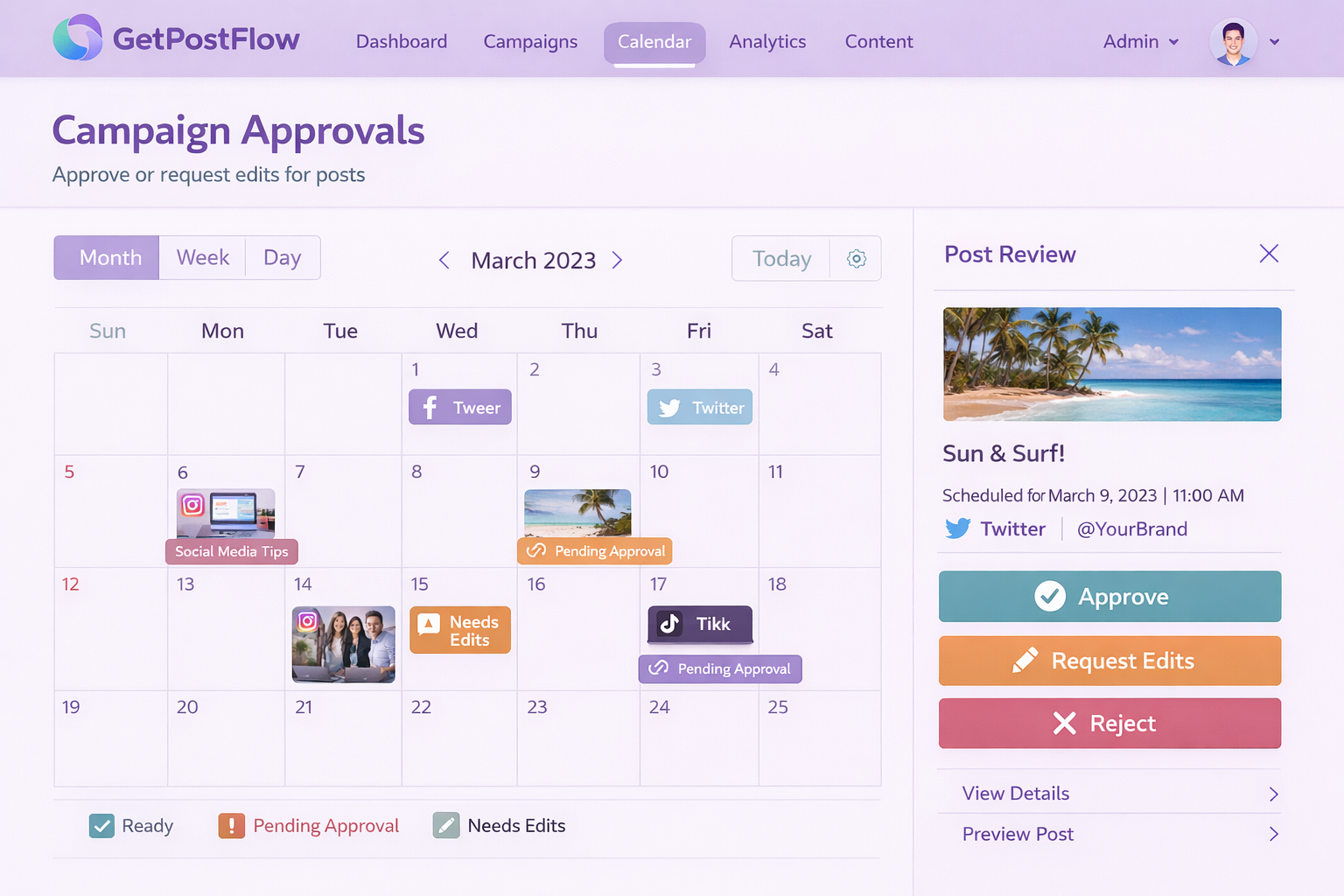 Campaign Approvals calendar view for March 2023 with social media posts scheduled, showing status labels like Ready, Pending Approval, and Needs Edits, and a post review panel for a Twitter post titled 'Sun & Surf!' scheduled for March 9, 2023, at 11:00 AM.