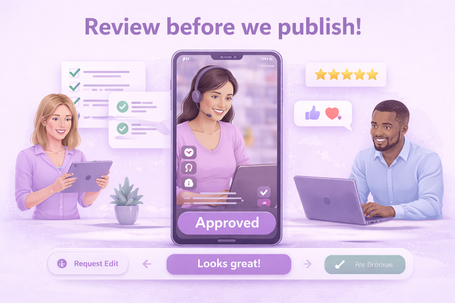 Illustration of a woman and man reviewing content on tablets and laptops with a smartphone screen showing an approved status and positive feedback icons like stars, thumbs up, and hearts.