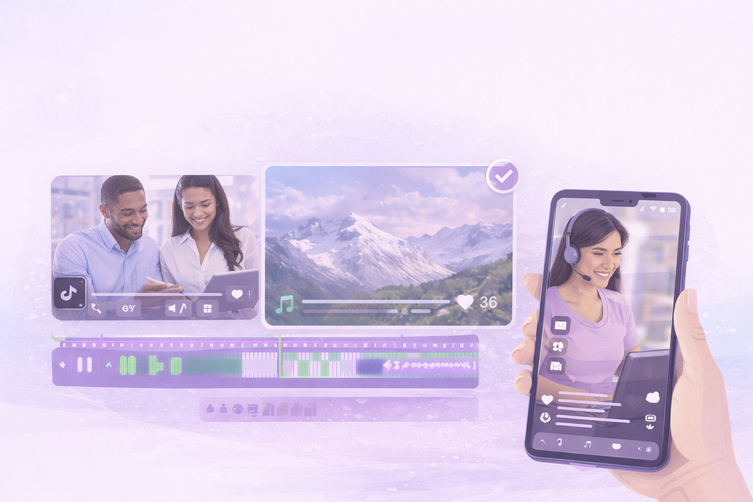 Hand holding a smartphone displaying a smiling woman with a headset, alongside video editing interface with clips and timeline featuring people and nature scenes.