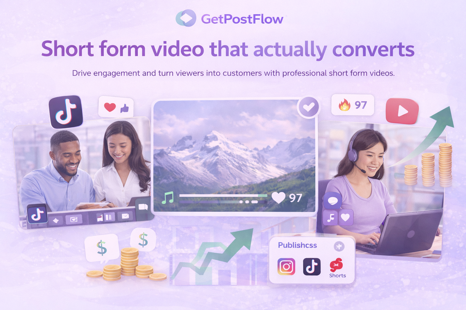 Promotional graphic for GetPostFlow showing diverse people using laptops and mobile devices, icons of TikTok, Instagram, and YouTube Shorts, and illustrations of increasing engagement and revenue.