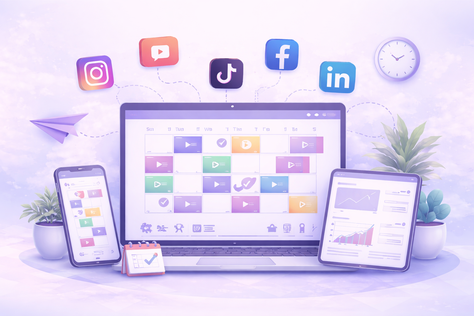 Laptop displaying a colorful content calendar with social media icons for Instagram, YouTube, TikTok, Facebook, and LinkedIn above it, alongside a smartphone and tablet showing related scheduling and analytics interfaces.