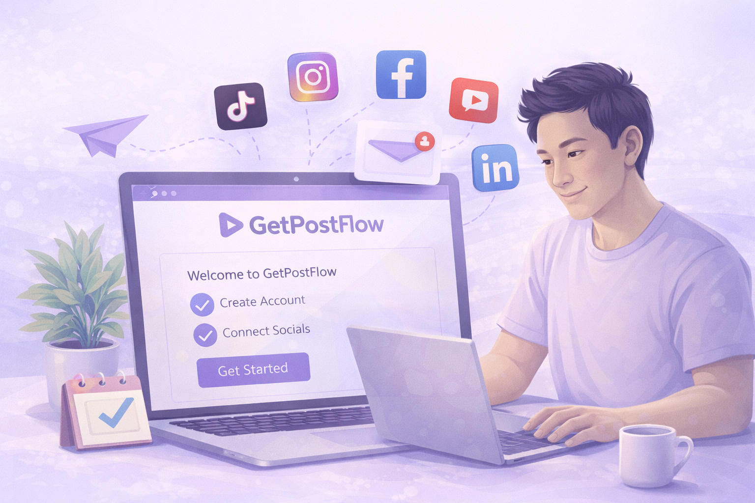 Person using a laptop displaying GetPostFlow interface with social media icons like TikTok, Instagram, Facebook, YouTube, and LinkedIn around.