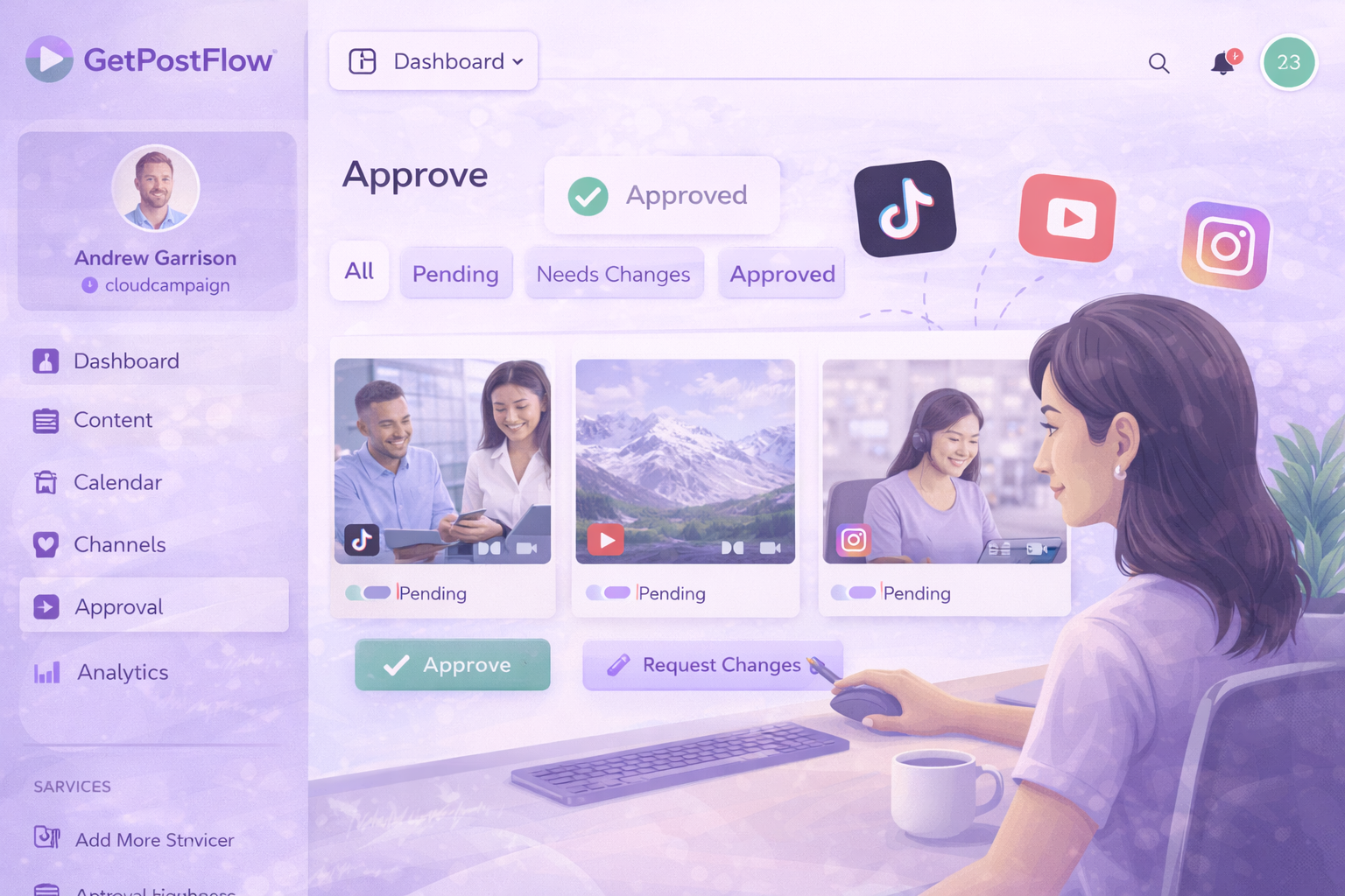 Woman at desk using GetPostFlow dashboard to approve social media content for TikTok, YouTube, and Instagram.