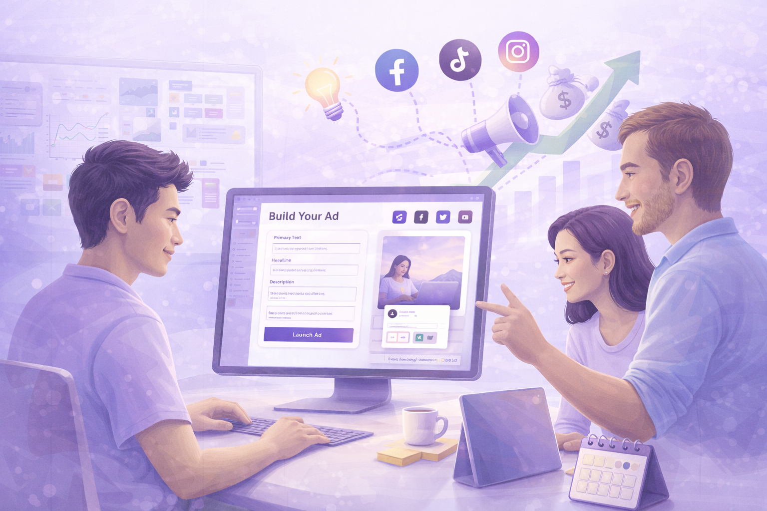 Three people collaborating on building a digital ad on a computer, with social media icons and growth symbols floating above.