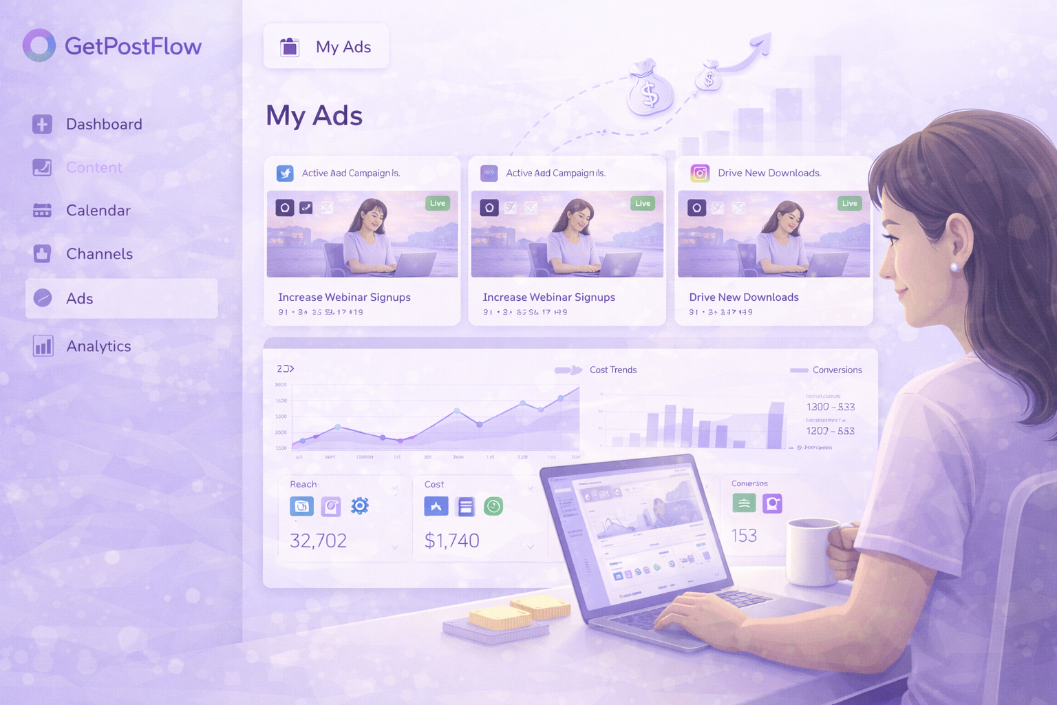 A woman holding a coffee cup and working on a laptop showing an ad monitoring dashboard with campaigns, cost trends, reach, and conversions.