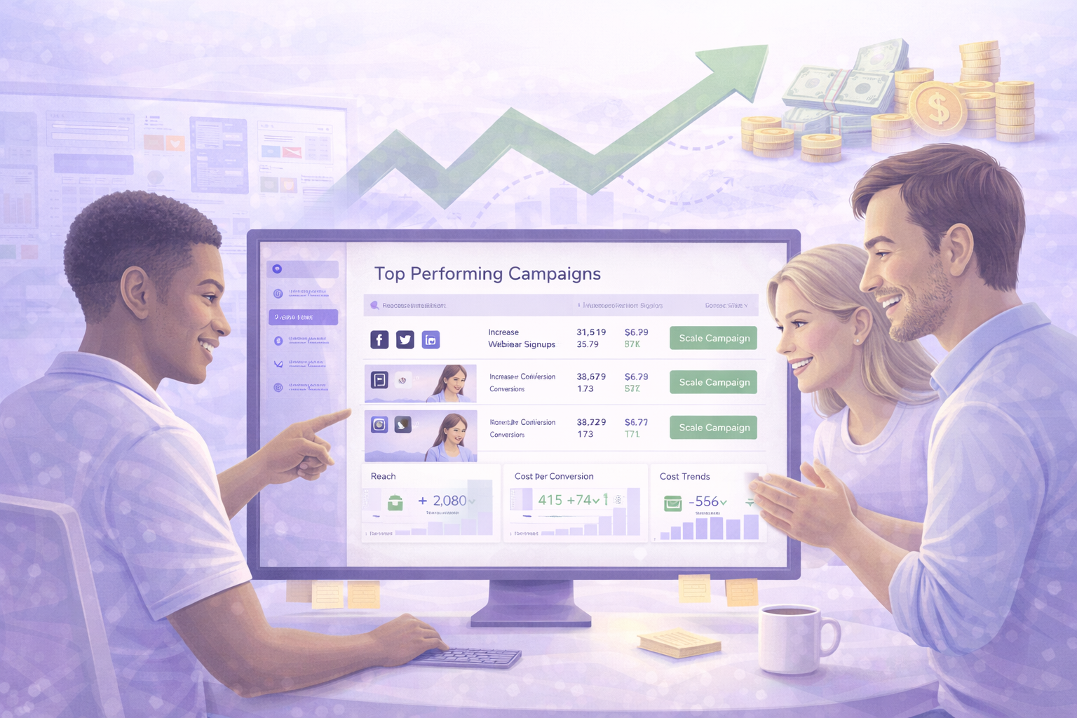 Three people smiling and discussing top performing campaigns displayed on a computer screen with financial icons and an upward trend arrow.
