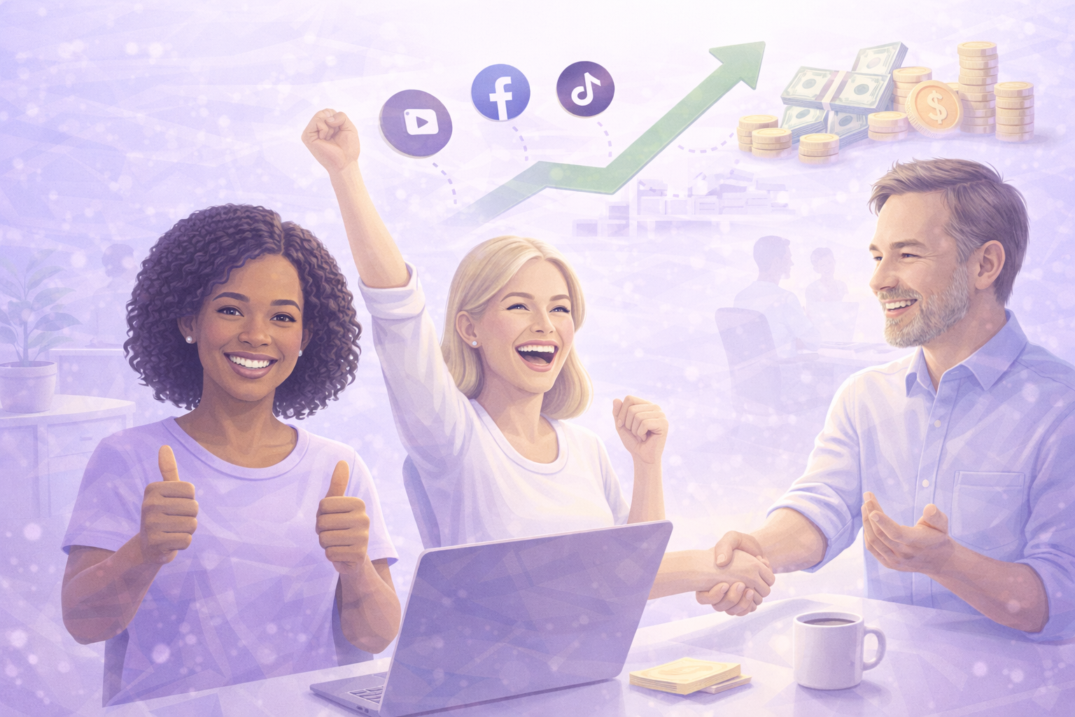 Three happy colleagues in an office celebrating a business success with social media icons and upward financial growth symbols above.