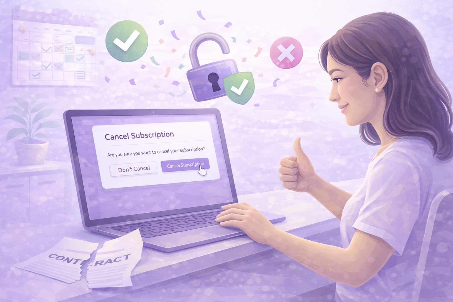 Woman giving a thumbs-up while clicking 'Cancel Subscription' on a laptop screen with a torn contract paper on the desk.