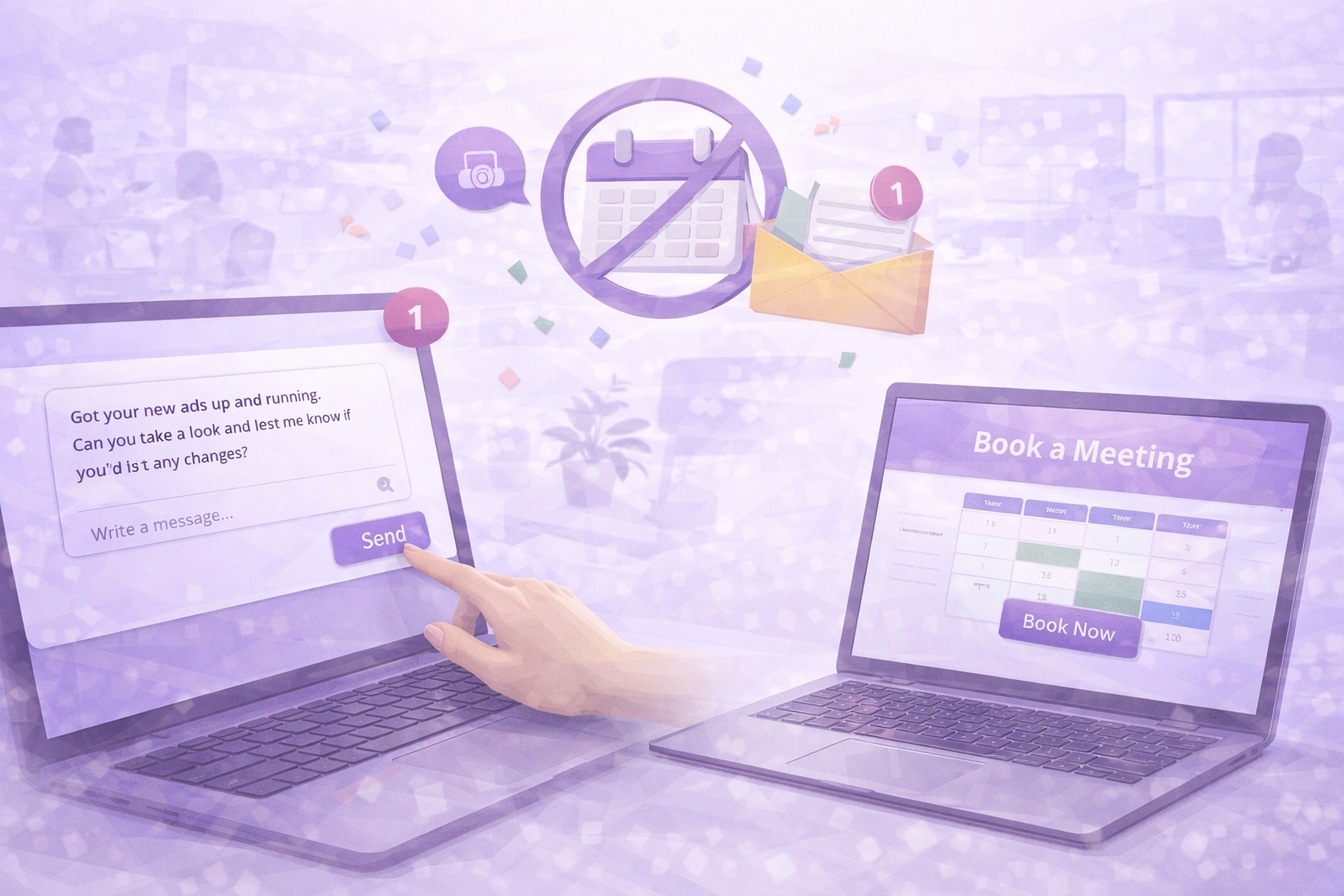 Two laptops showing communication options: one with a message and send button, the other with a book a meeting scheduler and book now button, alongside icons indicating no calendar and new message notifications.