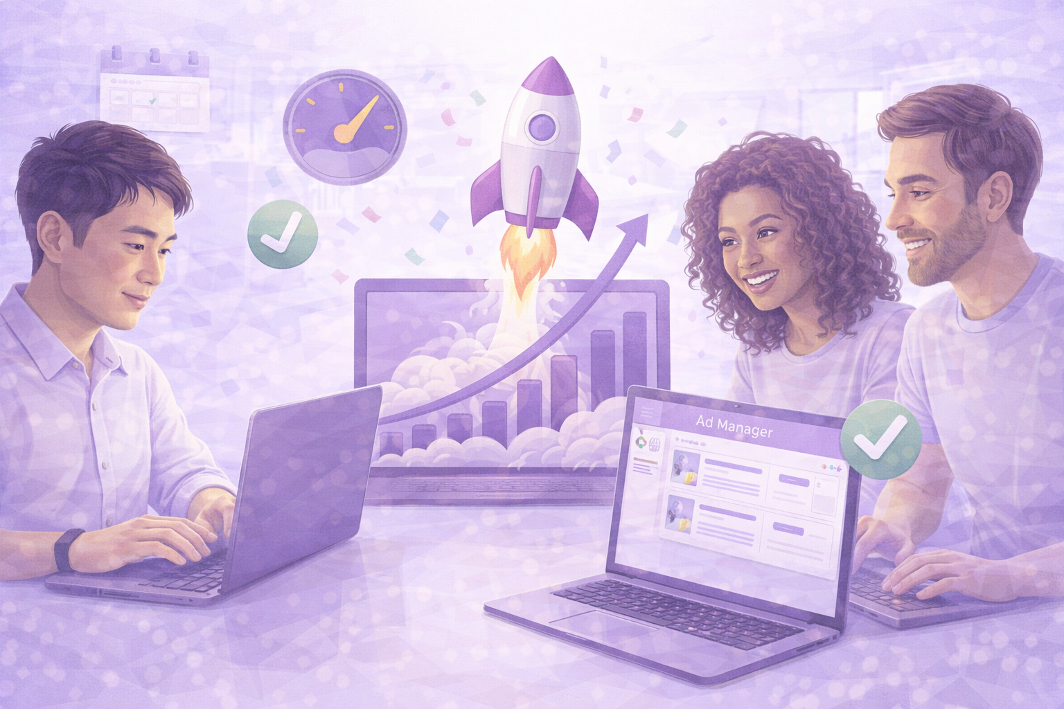 Three people working on laptops with graphics of a rocket launch, upward graph, and Ad Manager on screens showing business growth.