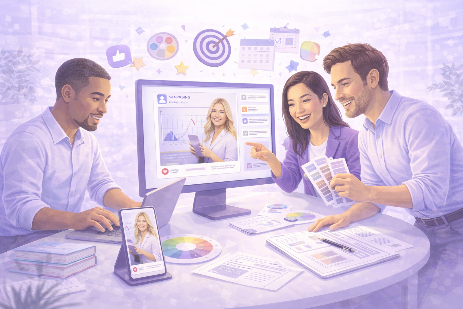 Three diverse coworkers collaborating on a marketing project with laptops, color swatches, charts, and a video call on screen.