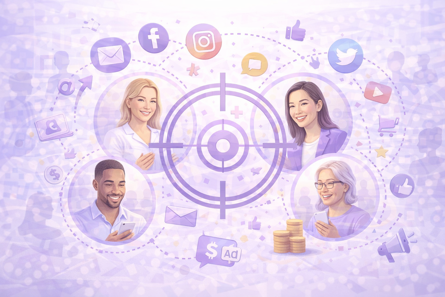 Illustration of diverse smiling people in target circles surrounded by social media and communication icons representing audience targeting.