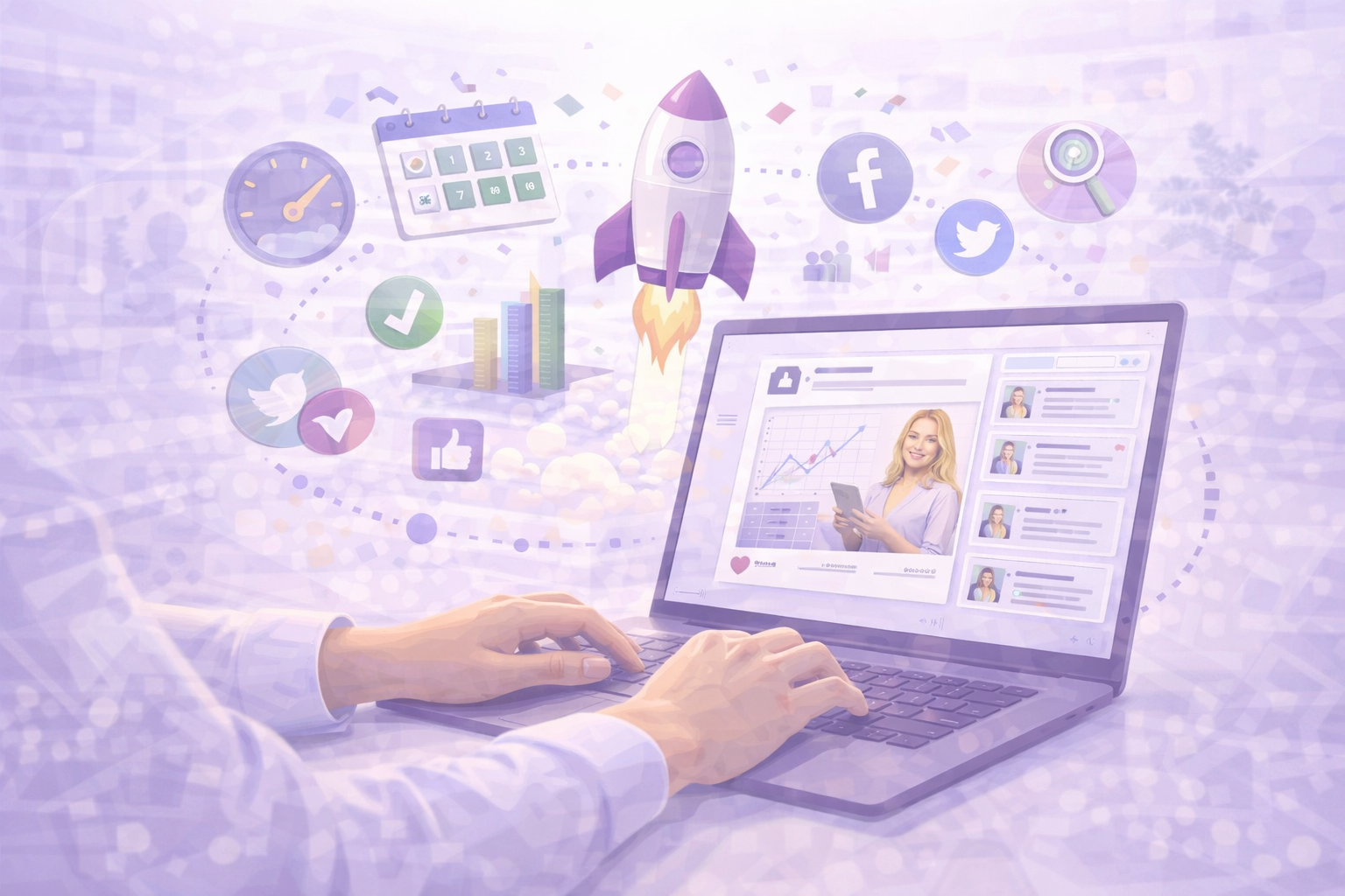 Person typing on a laptop displaying a social media analytics dashboard with charts, a smiling woman, and social media icons including Facebook and Twitter.