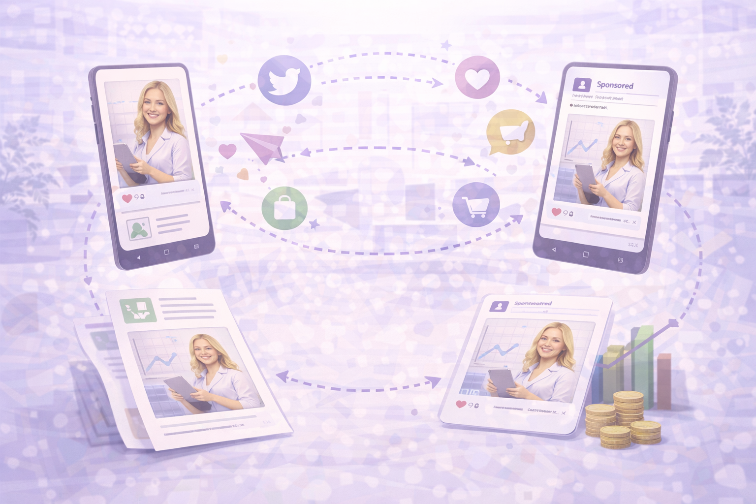 Digital marketing concept showing a smiling woman on social media posts and mobile screens interconnected with icons for shopping, likes, and messaging, alongside coins and graphs indicating growth.