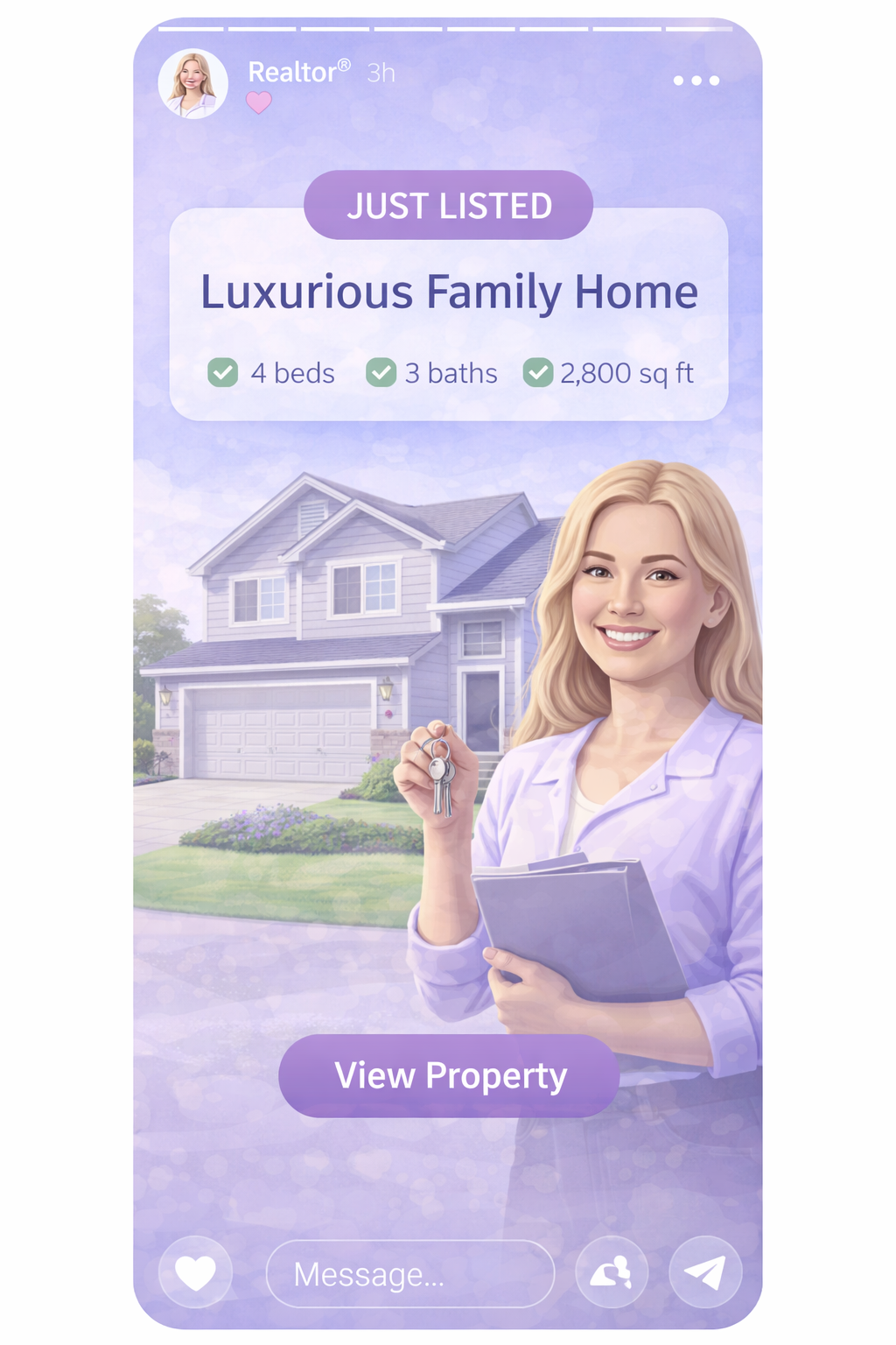 Real estate agent holding keys and documents in front of a luxurious two-story family home with 4 beds, 3 baths, and 2,800 sq ft.