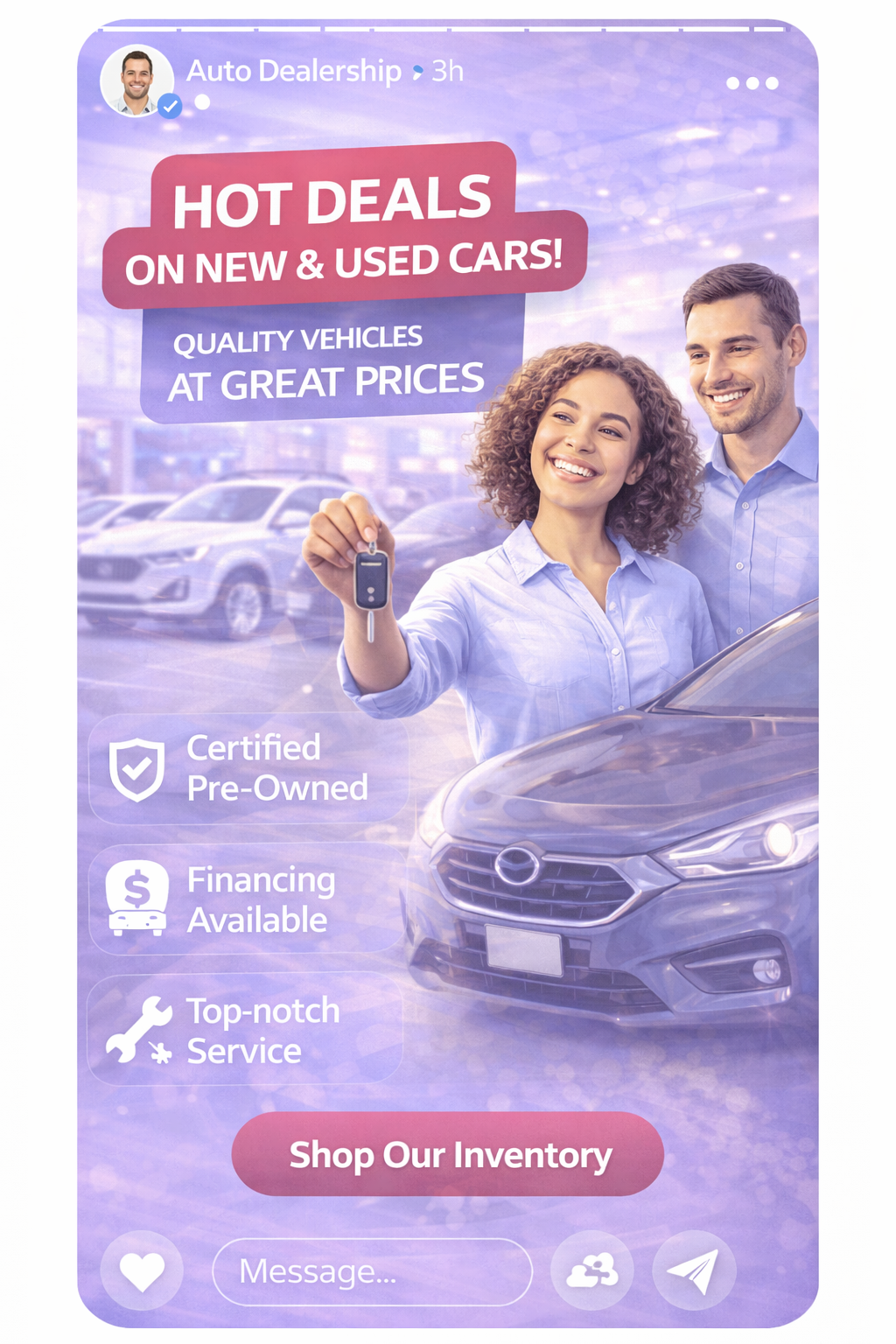 Smiling couple at auto dealership, woman holding car key near a blue car with text promoting hot deals on new and used cars and financing options.