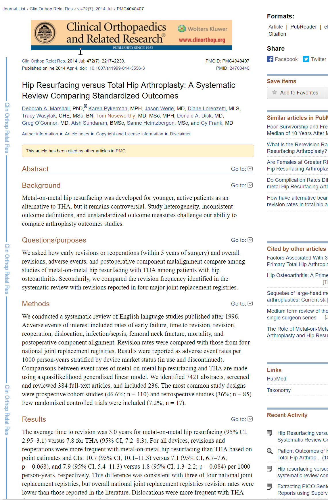 Patient Outcomes of Hip Resurfacing