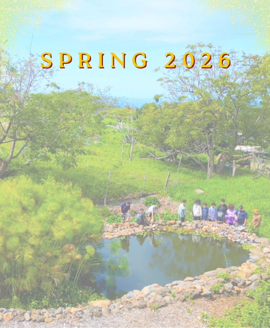 Low Aerial photo of students around a farm pond. Photo courtesy of Beezhan Tulu