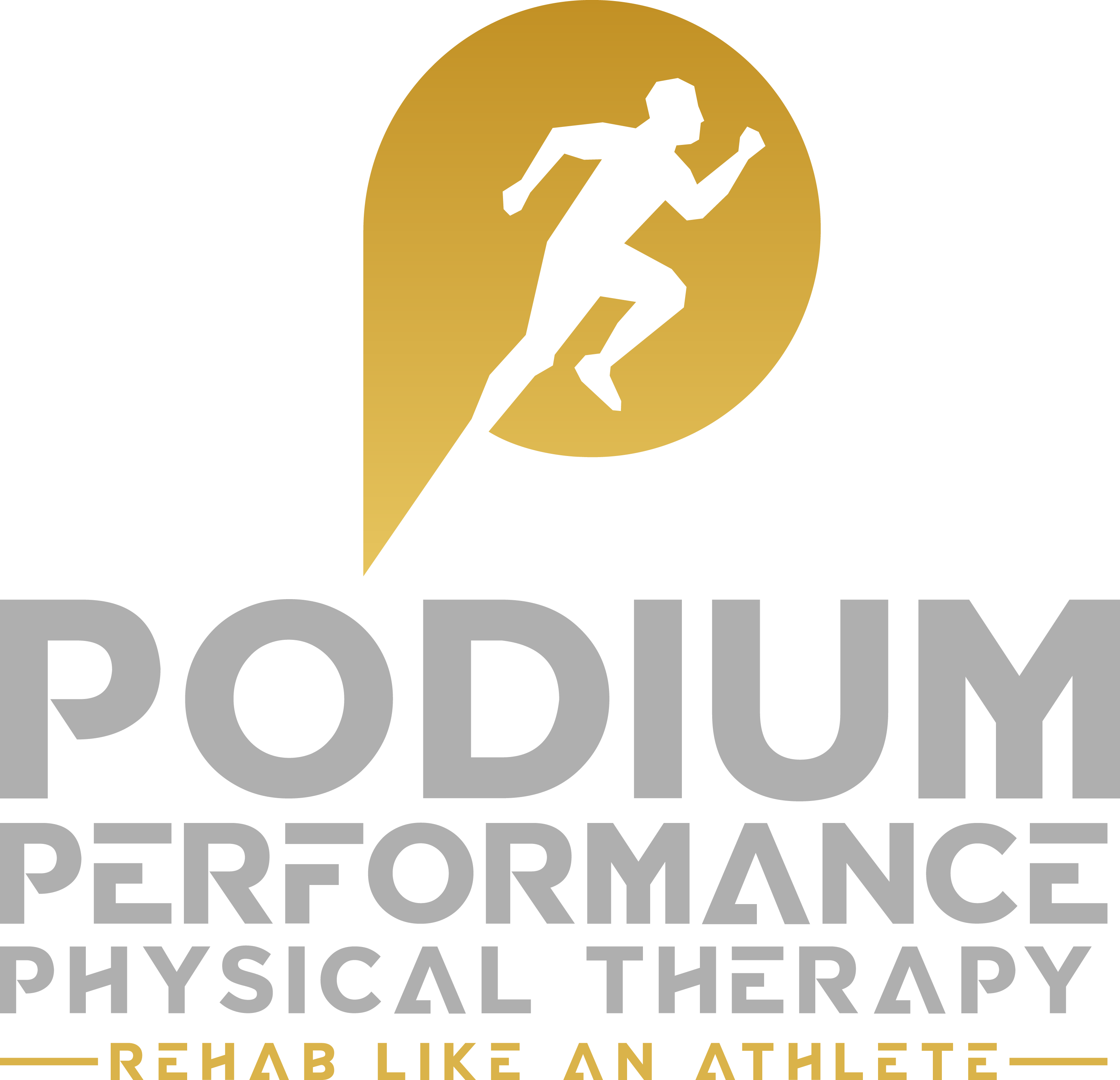 Logo for Podium Performance Physical Therapy with a silhouette of a running person inside a gold map pin and the slogan "Rehab Like An Athlete".