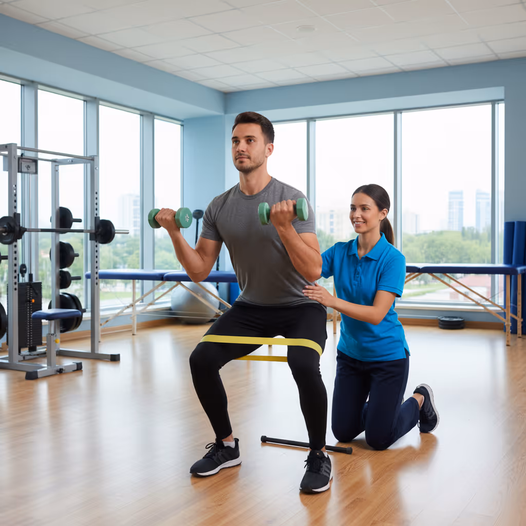 Athlete performing strength training exercises with physical therapist guidance for performance enhancement in Hanover facility