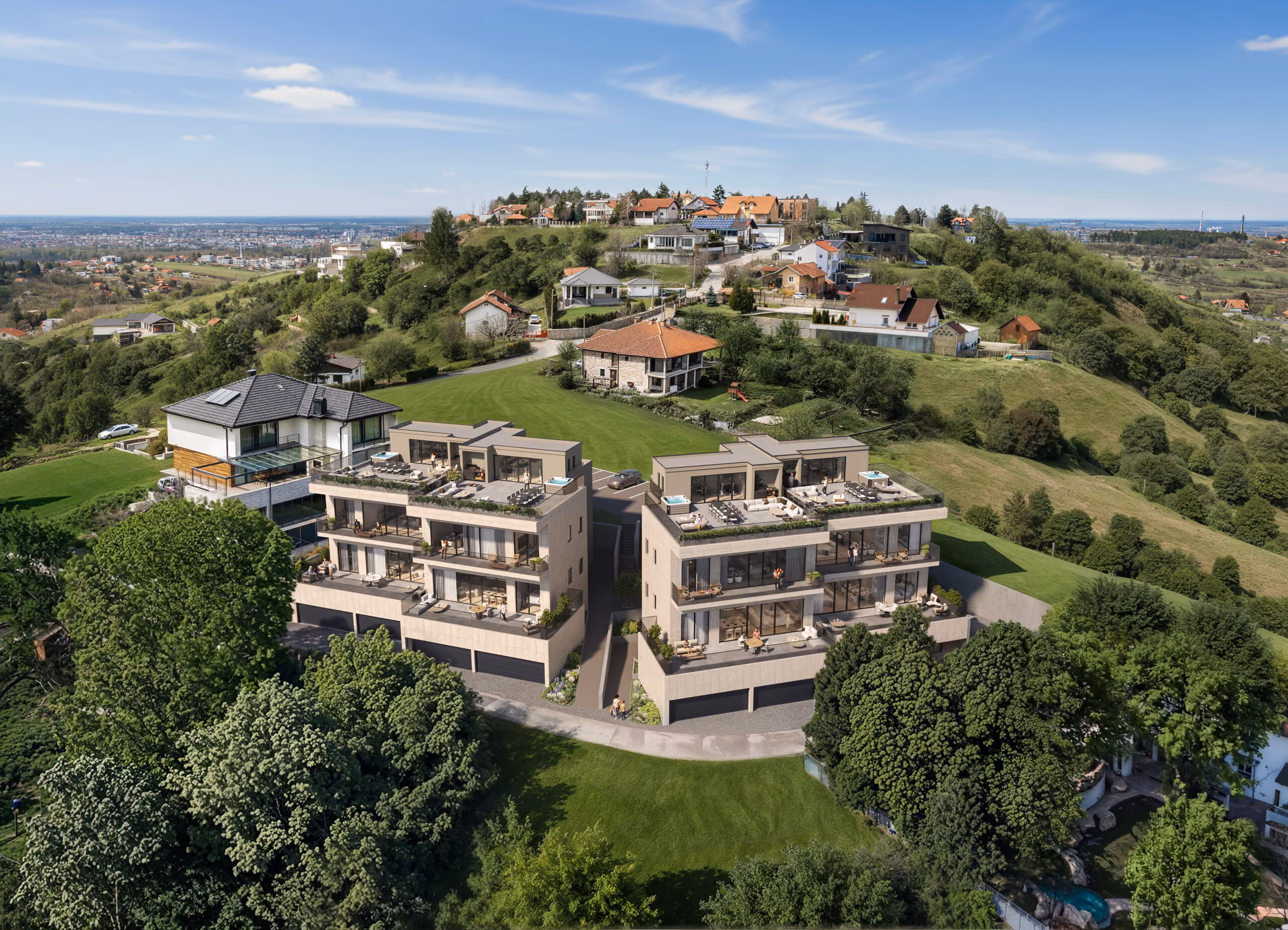 Aerial view of Čardak Residence in Sremska Kamenica surrounded by greenery