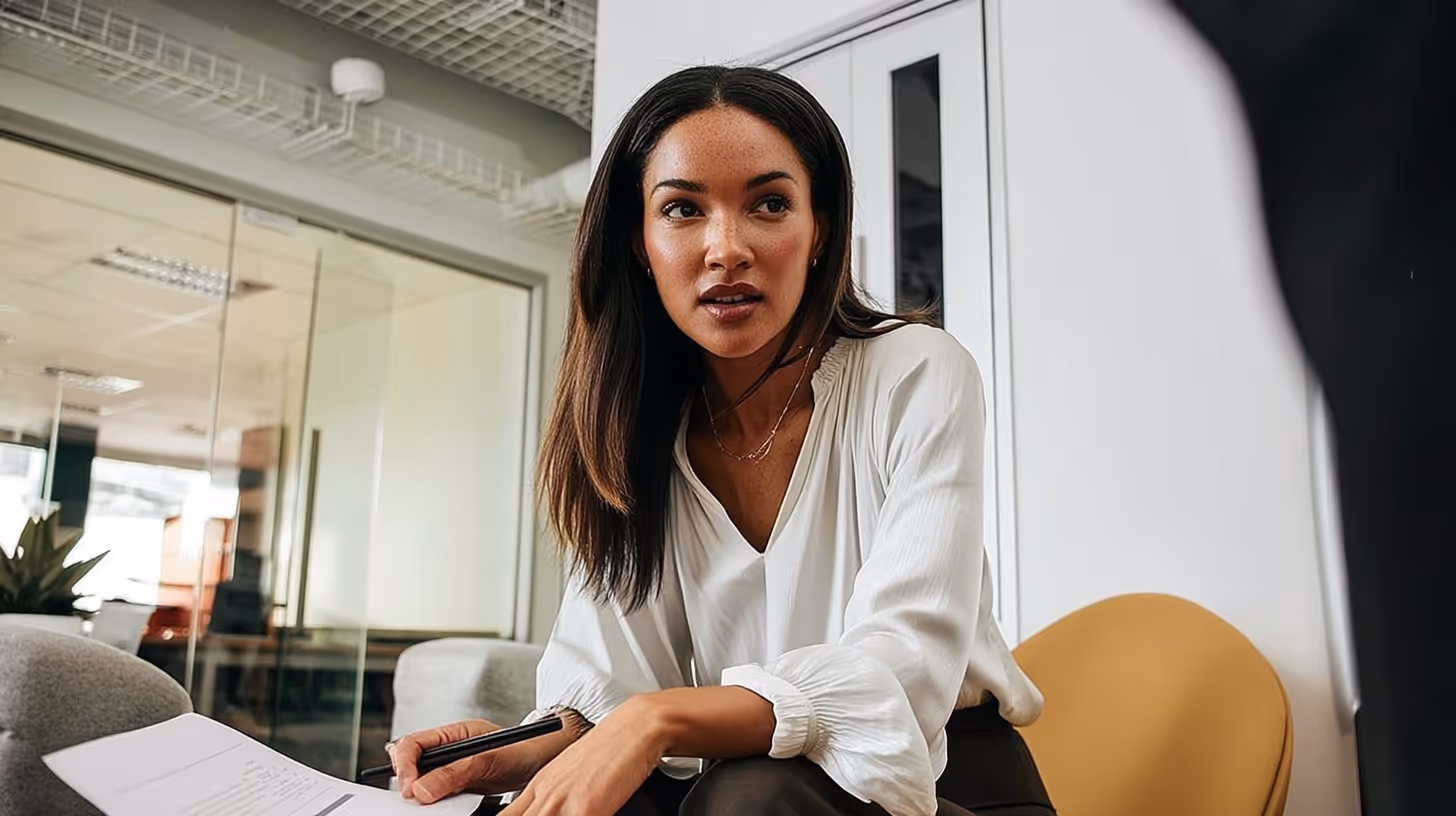 Woman in white blouse holding a pen and paper, engaged in a conversation in an office setting.