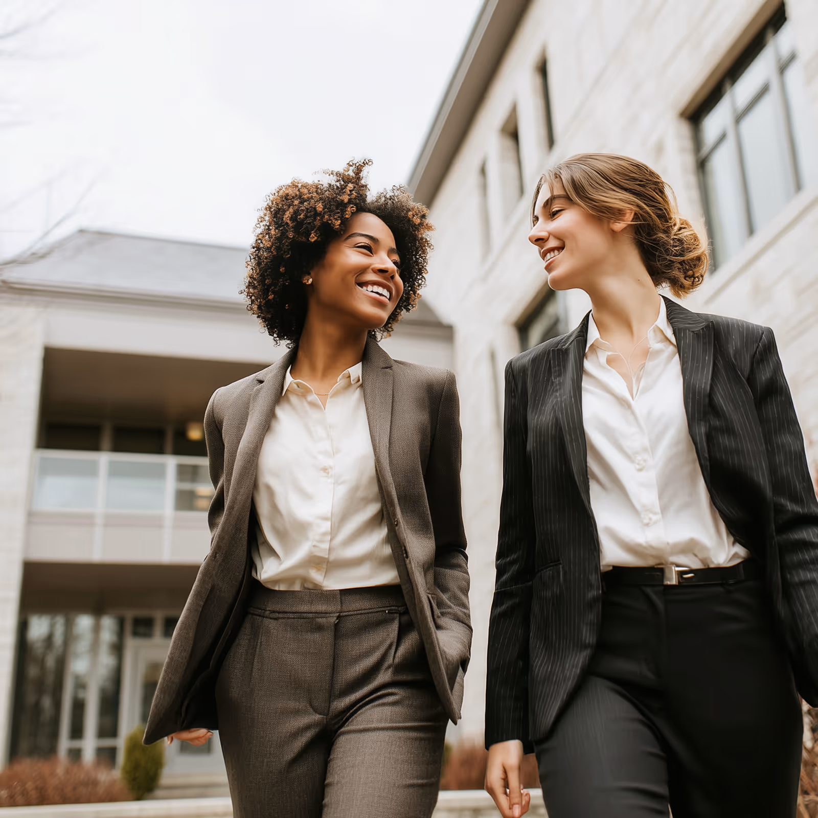 Two professional women smiling and walking outside a modern office building.