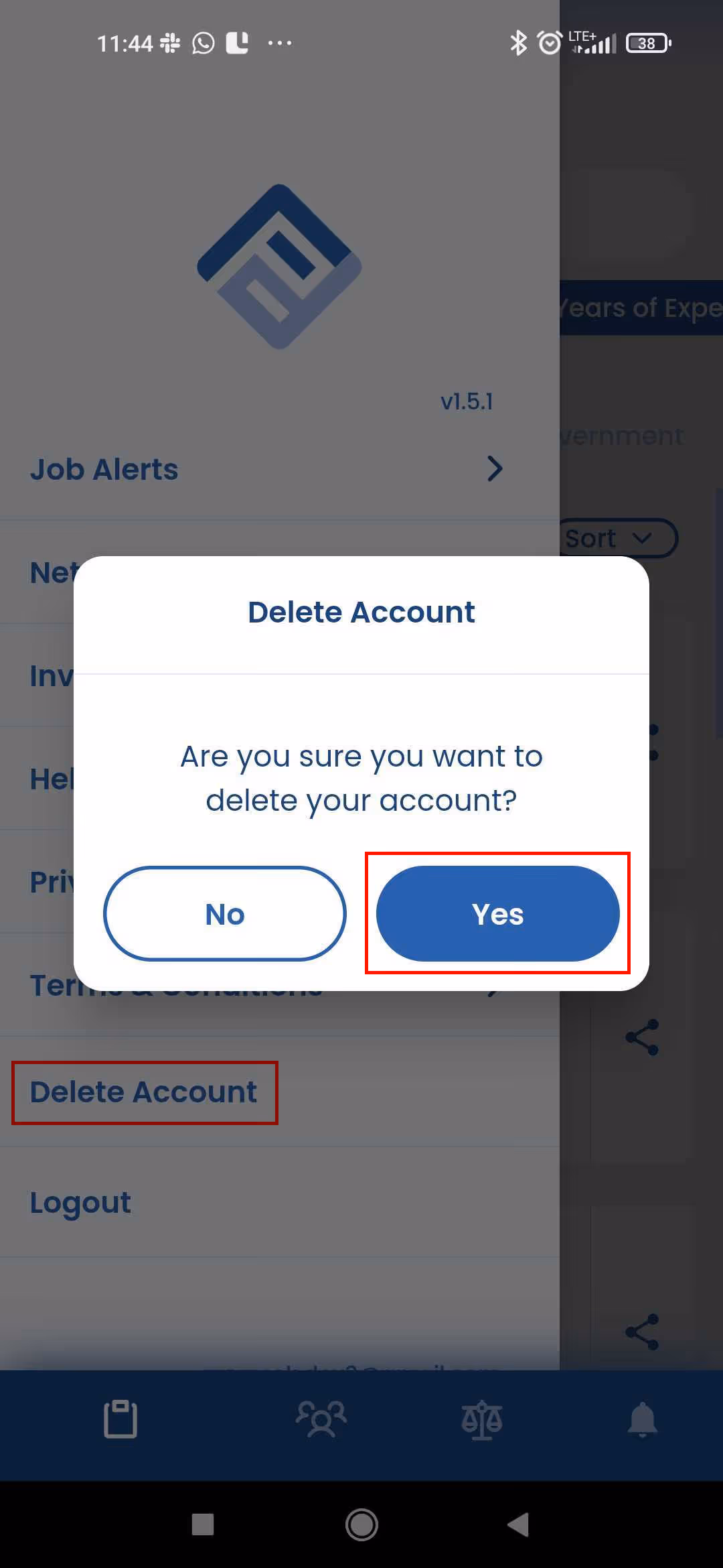 Mobile screen displaying a confirmation dialog titled 'Delete Account' asking 'Are you sure you want to delete your account?' with 'No' and 'Yes' buttons.