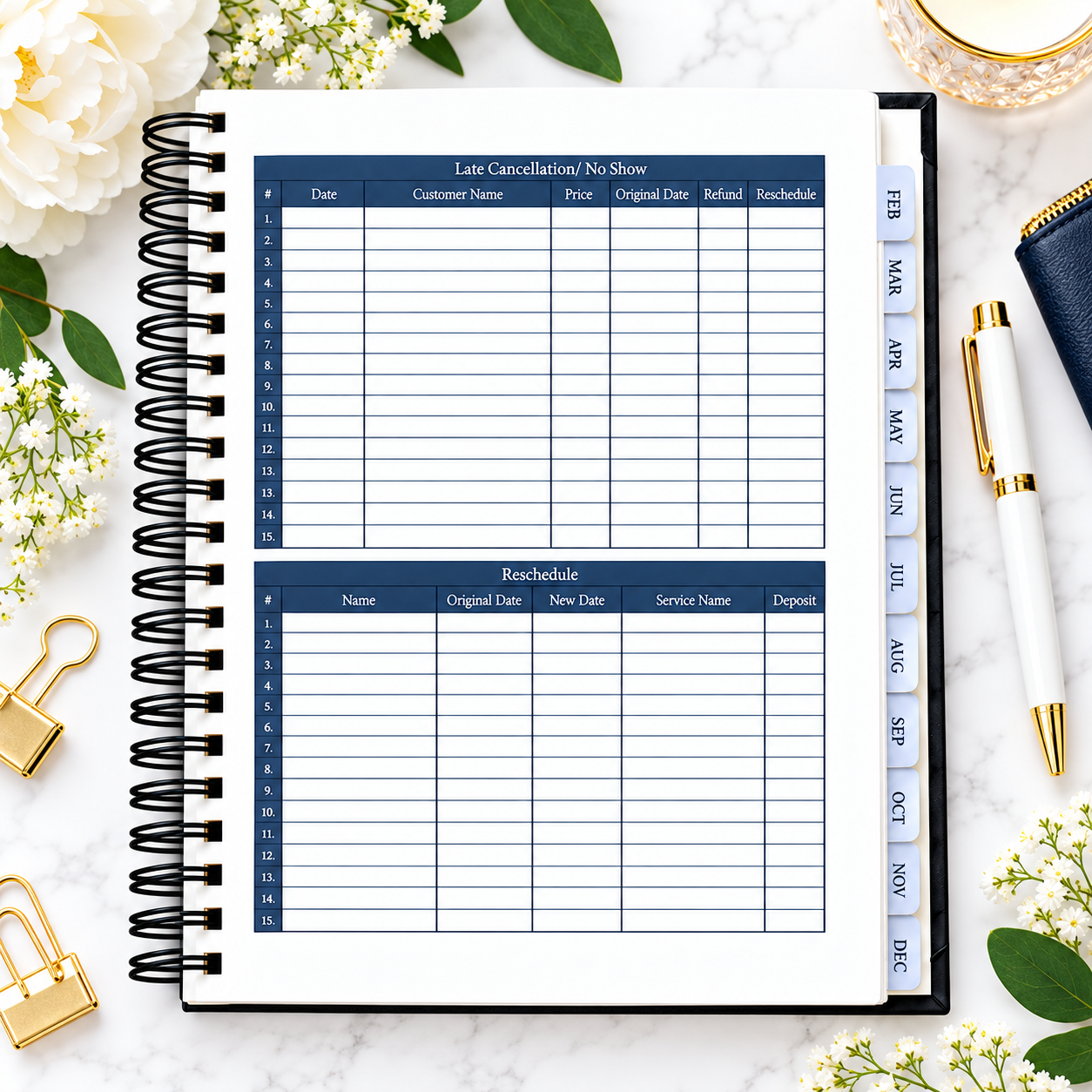 Late cancellation and no-show page above a reschedule log