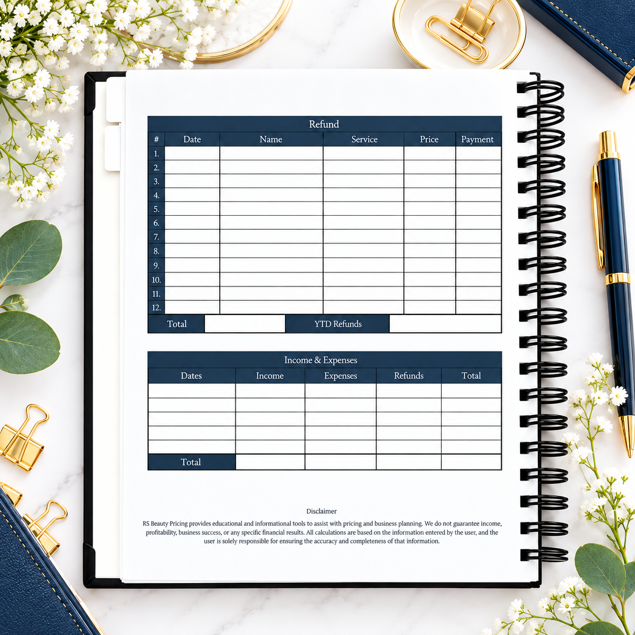Refund log with year-to-date refunds above an income and expenses summary