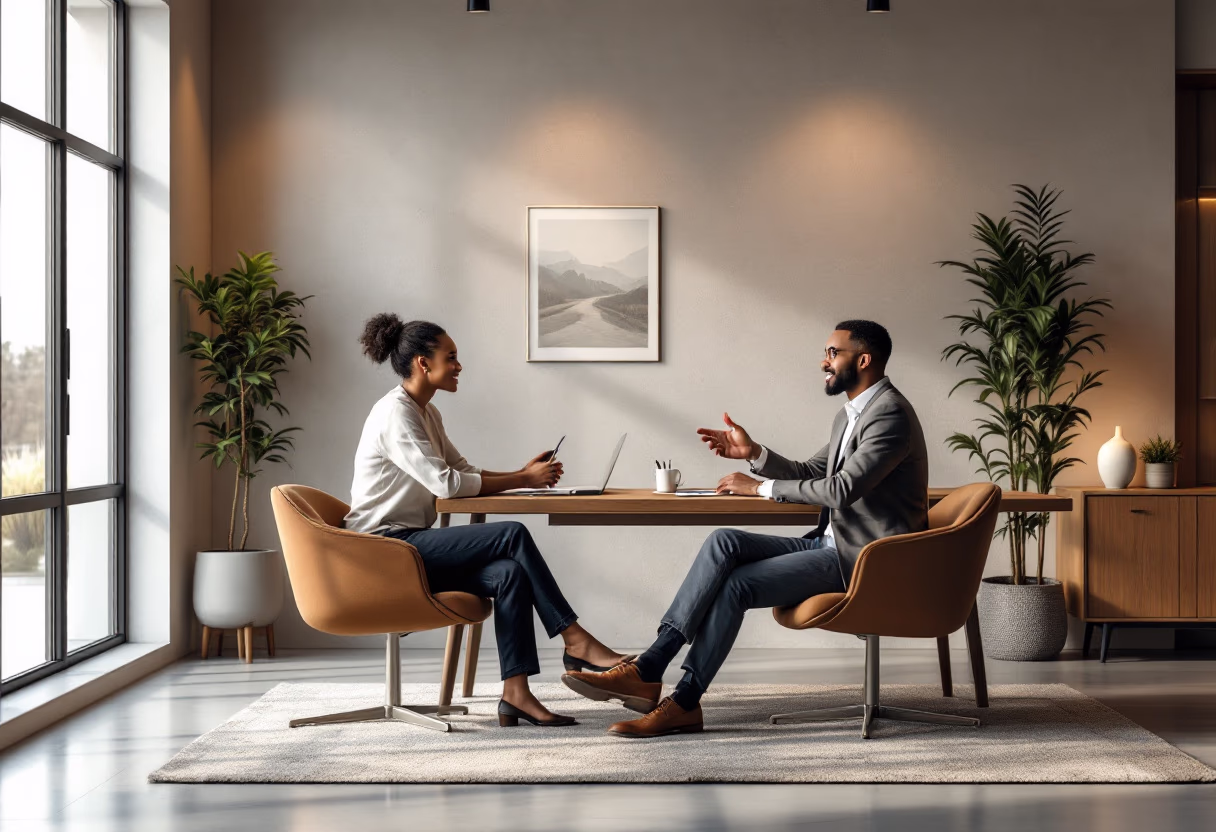 Two professionals having a business meeting in a bright office space