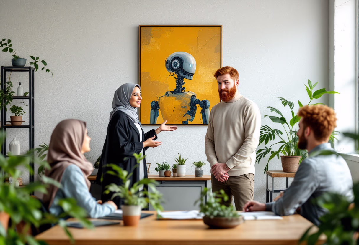 Team members collaborating at a whiteboard with an AI robot model in the foreground