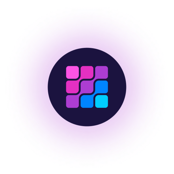 FraudNet logo featuring a 3x3 grid of rounded squares in purple-to-blue gradient with glowing effect against a dark circular background.