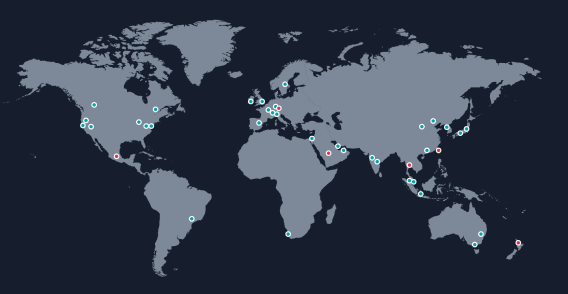 World map showing global distribution of AWS data centers with location markers across continents, illustrating FraudNet's worldwide scalability and low-latency coverage.