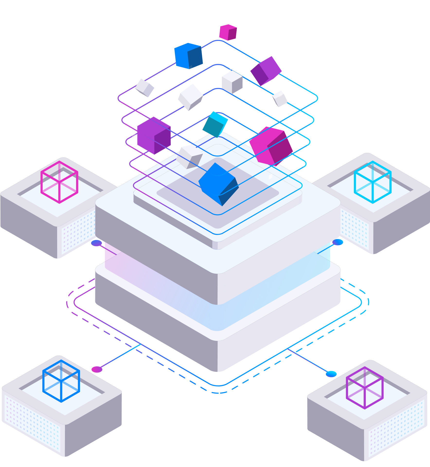 An isometric digital illustration of a futuristic data processing or blockchain concept. The image features a central multi-layered server or computing unit, with interconnected nodes extending outward. Floating cubes in shades of blue, purple, and white are arranged in a structured, spiraling manner above the central unit, connected by thin, glowing lines. The surrounding nodes display cube-based symbols, representing data transfer or decentralization. The overall color scheme is white, gray, and gradients of blue and purple, giving a high-tech and modern aesthetic.
