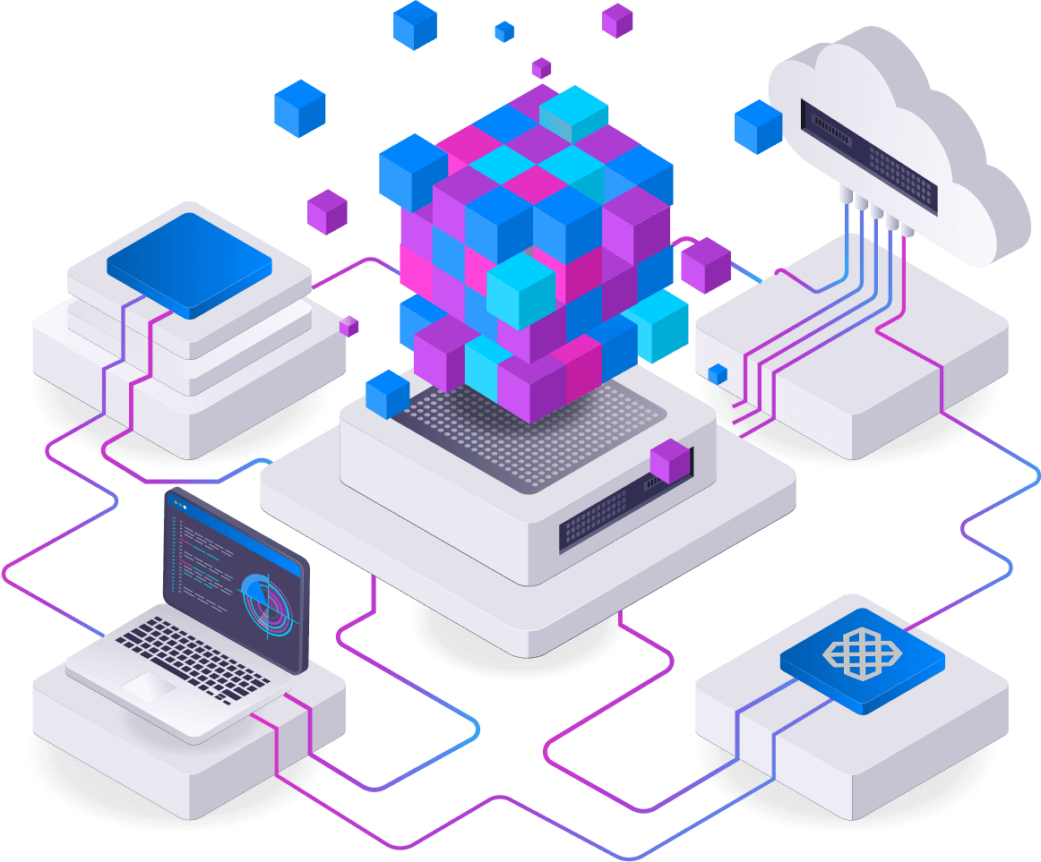 Isometric illustration of a data orchestration concept, featuring a central 3D cube composed of smaller blue, pink, and purple cubes connected to various technology elements, including servers, a laptop displaying code and a circular data visualization, a cloud server, and a microchip platform, all interconnected by colored data lines.