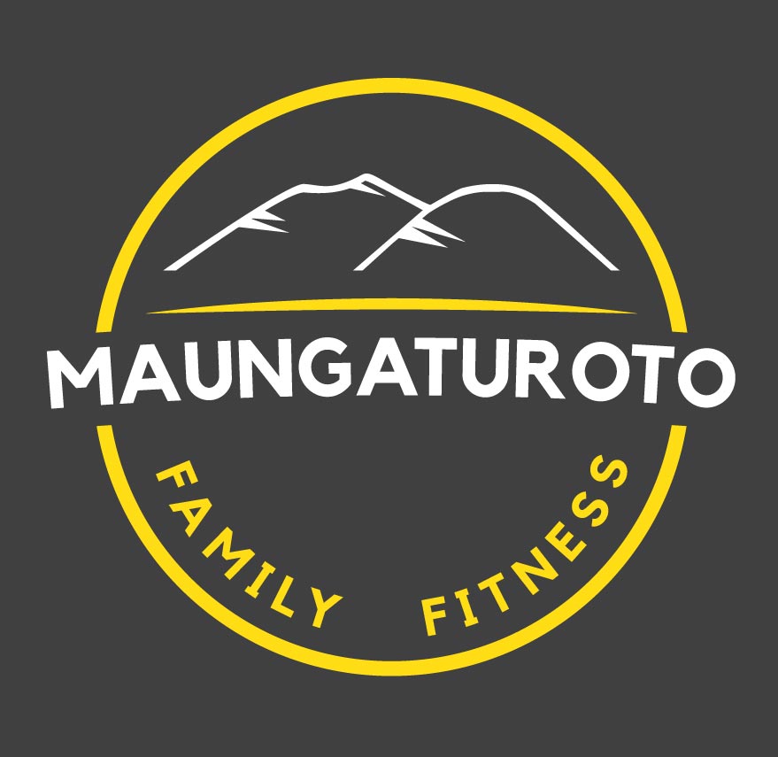 Maungaturoto Family Fitness logo with stylized mountain outline inside a yellow circle on dark background.