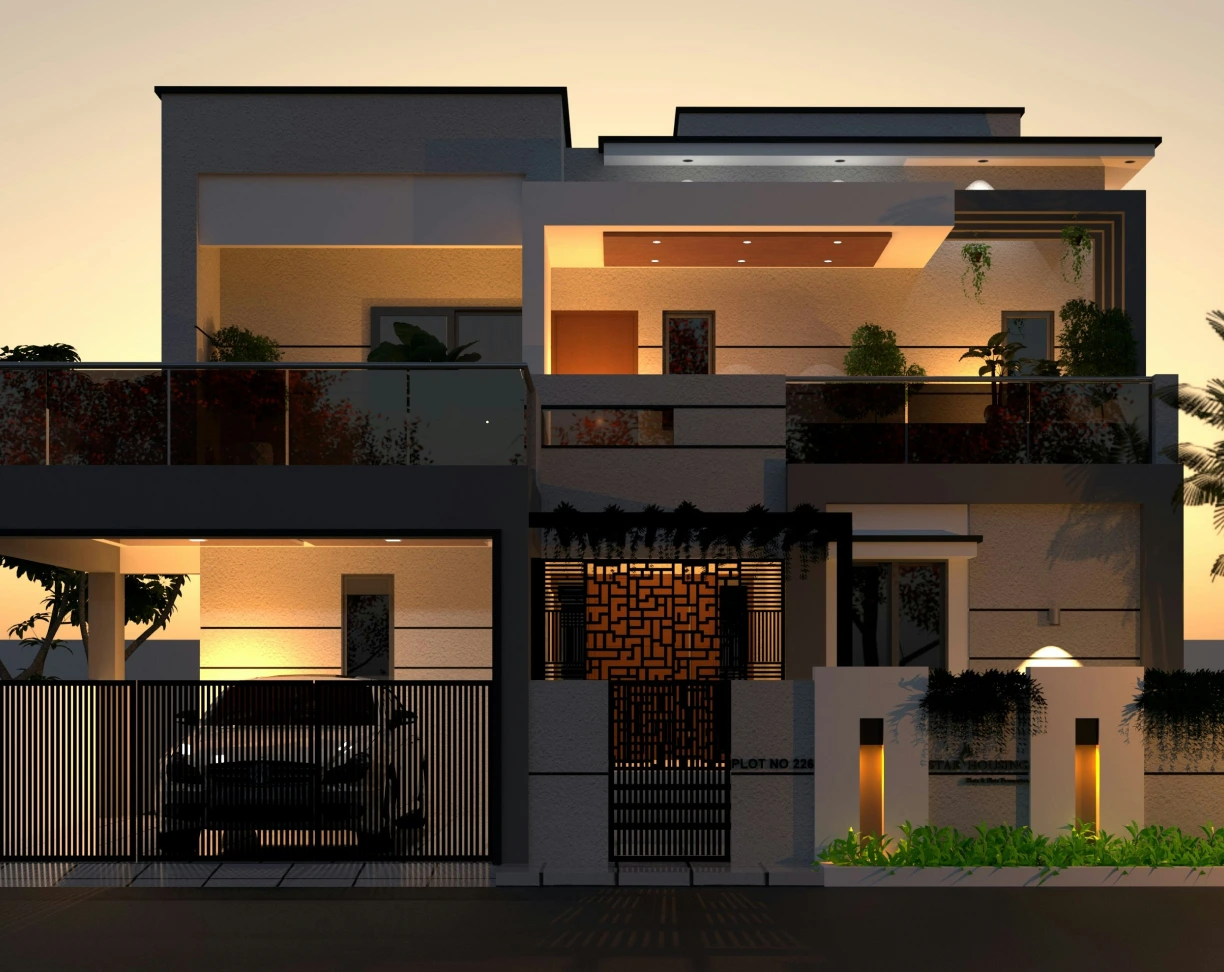Modern two-story house with glowing warm lights, glass balcony, gated driveway with parked car, and green plants at dusk.
