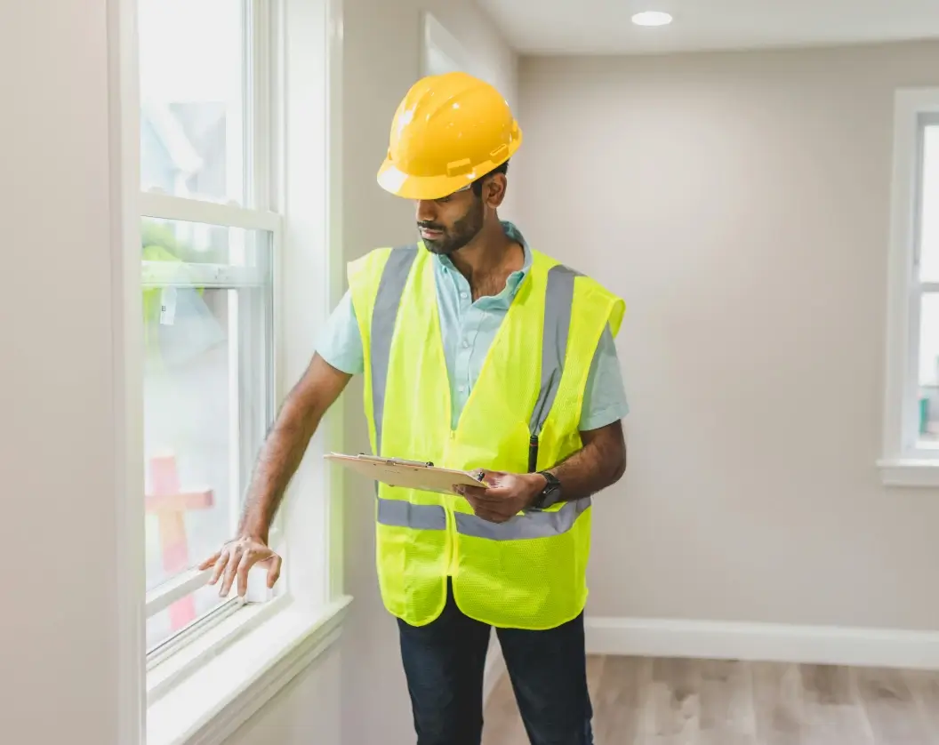 Construction worker in yellow safety vest and hard hat inspecting a window inside a room with wooden flooring.