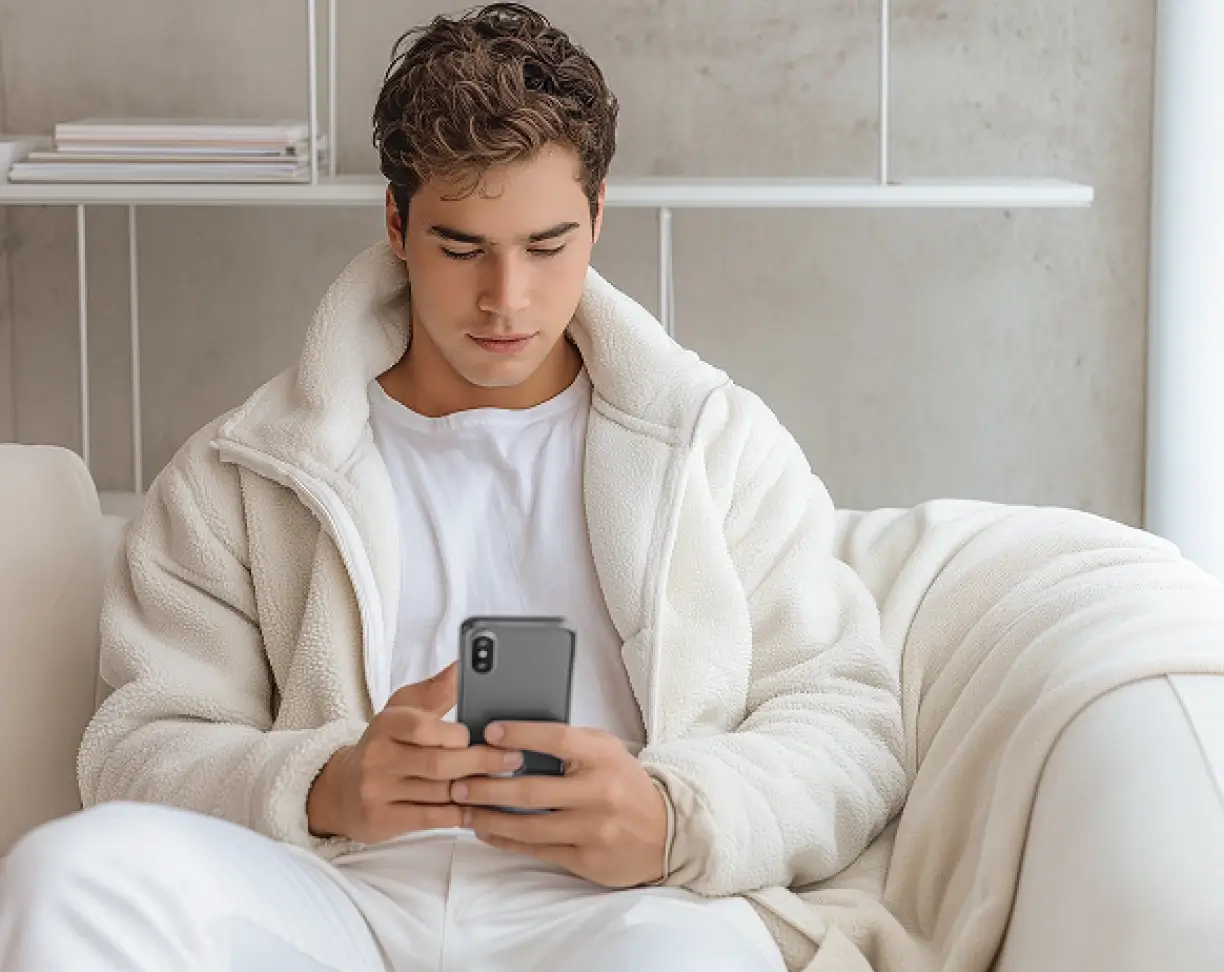Young man sitting on a sofa wearing a white fleece jacket and looking at his smartphone.