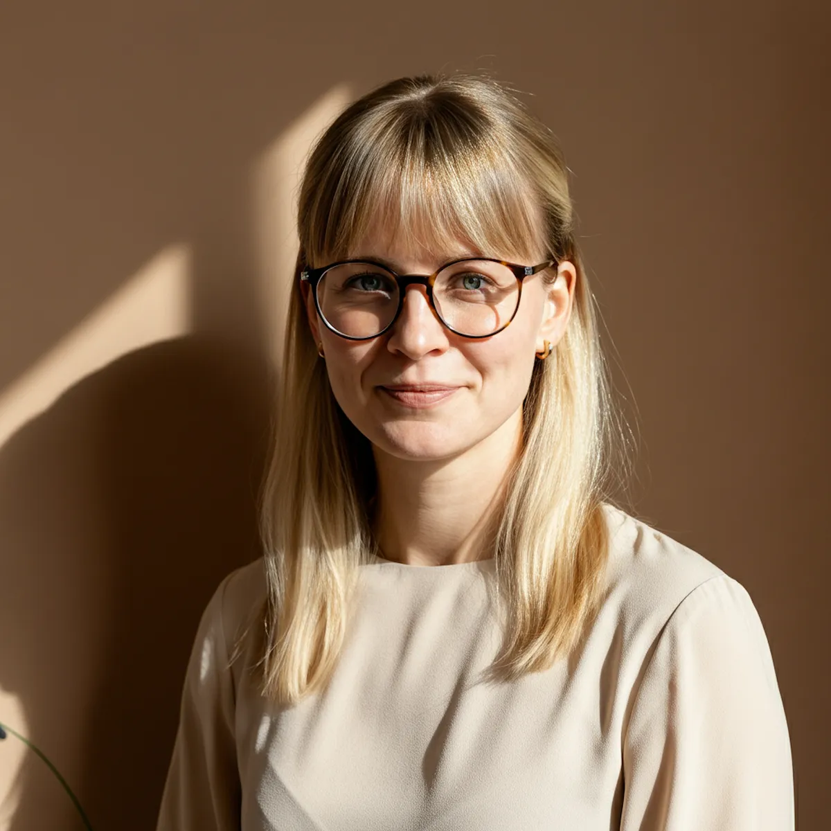 Portrait of a woman with blonde hair and glasses wearing a cream sweater.