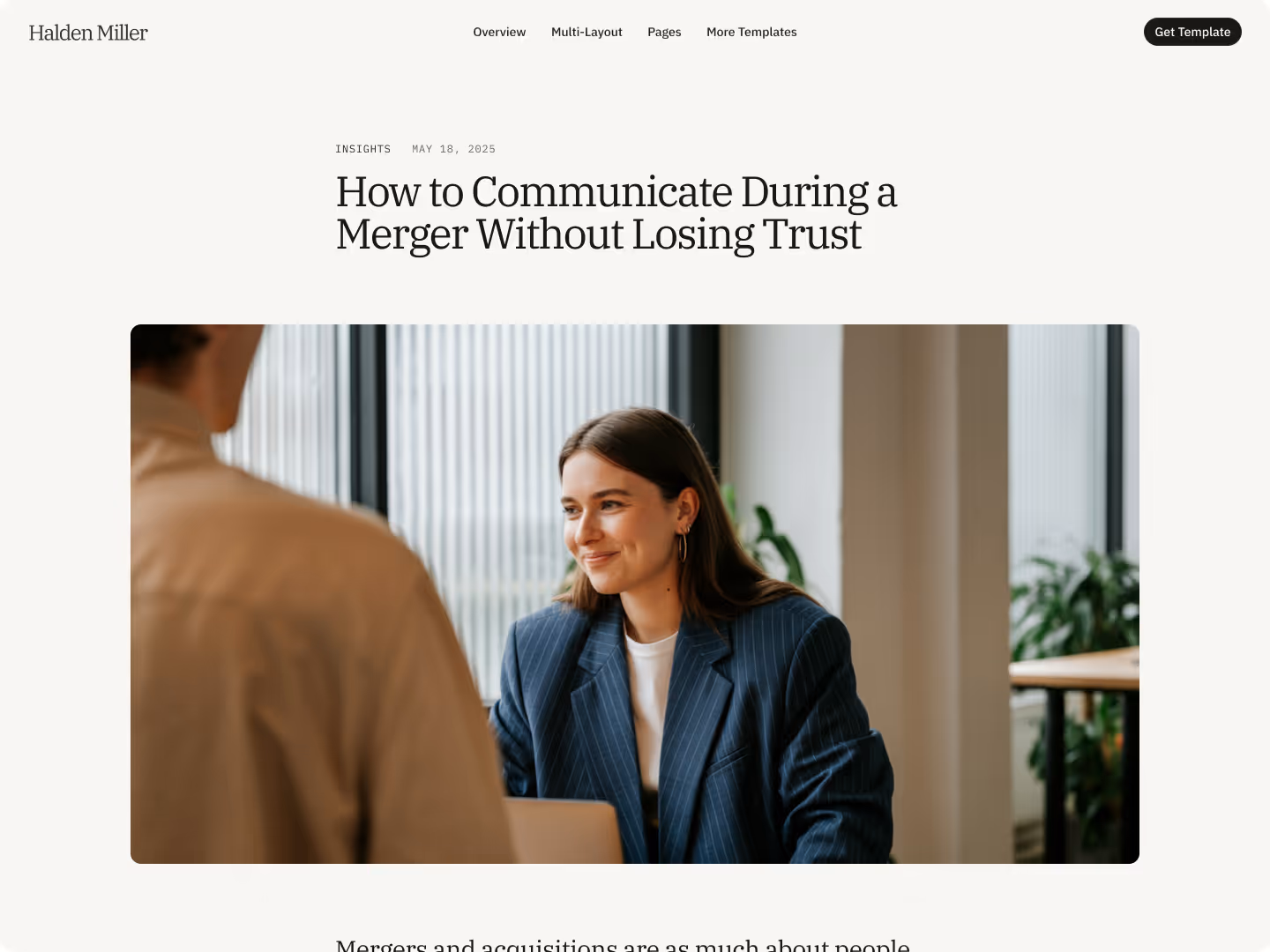 Blog article layout showing featured image, headline, and author section in modern design.