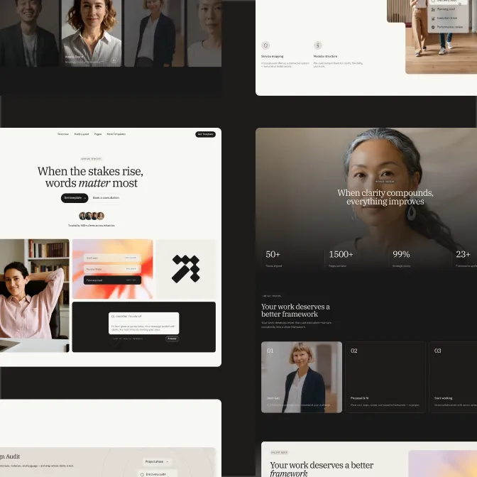 Preview of multiple website sections from the Halden Miller Webflow template, including hero and gallery layouts.