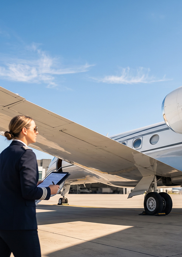 Business traveler walking to a private jet on the tarmac
