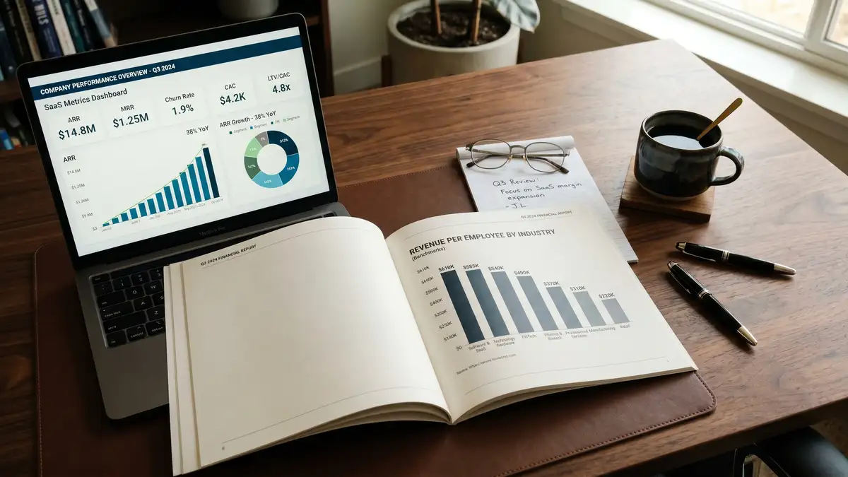 Laptop and notebook showing revenue charts