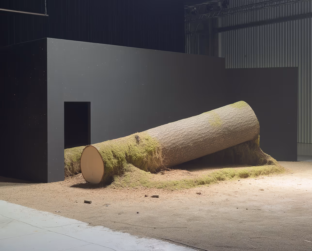 Large fallen tree trunk covered partially with moss lying on the ground next to a black rectangular structure with a small doorway.