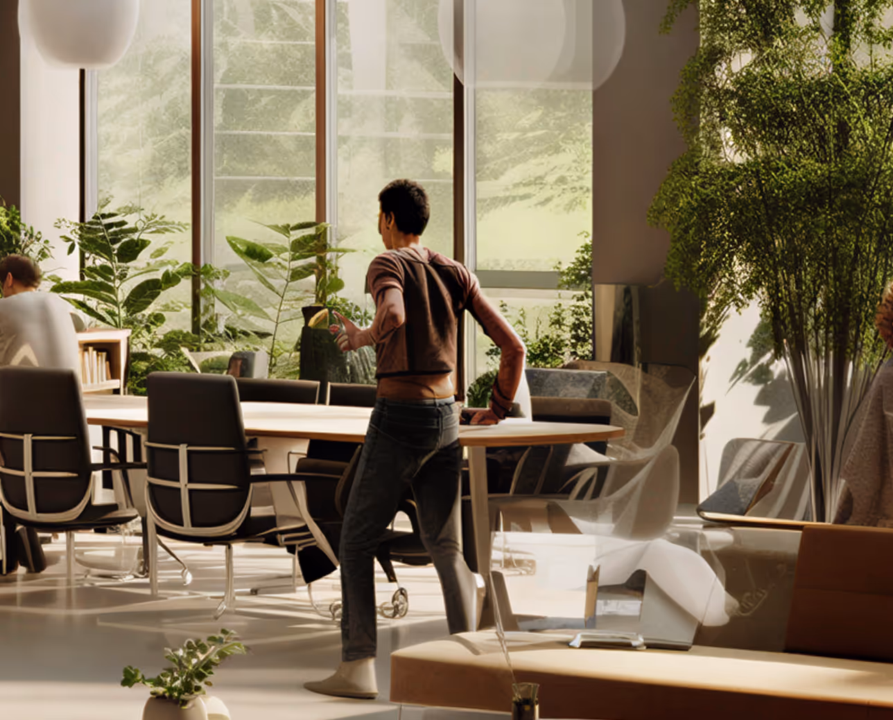 Modern office space with people working and walking near a large table surrounded by chairs and abundant indoor plants by tall windows.