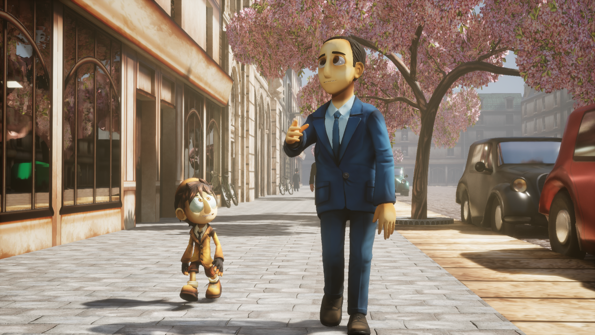 Moses and Samuel walking through cherry blossom-lined streets of Paris in the Director's Cut