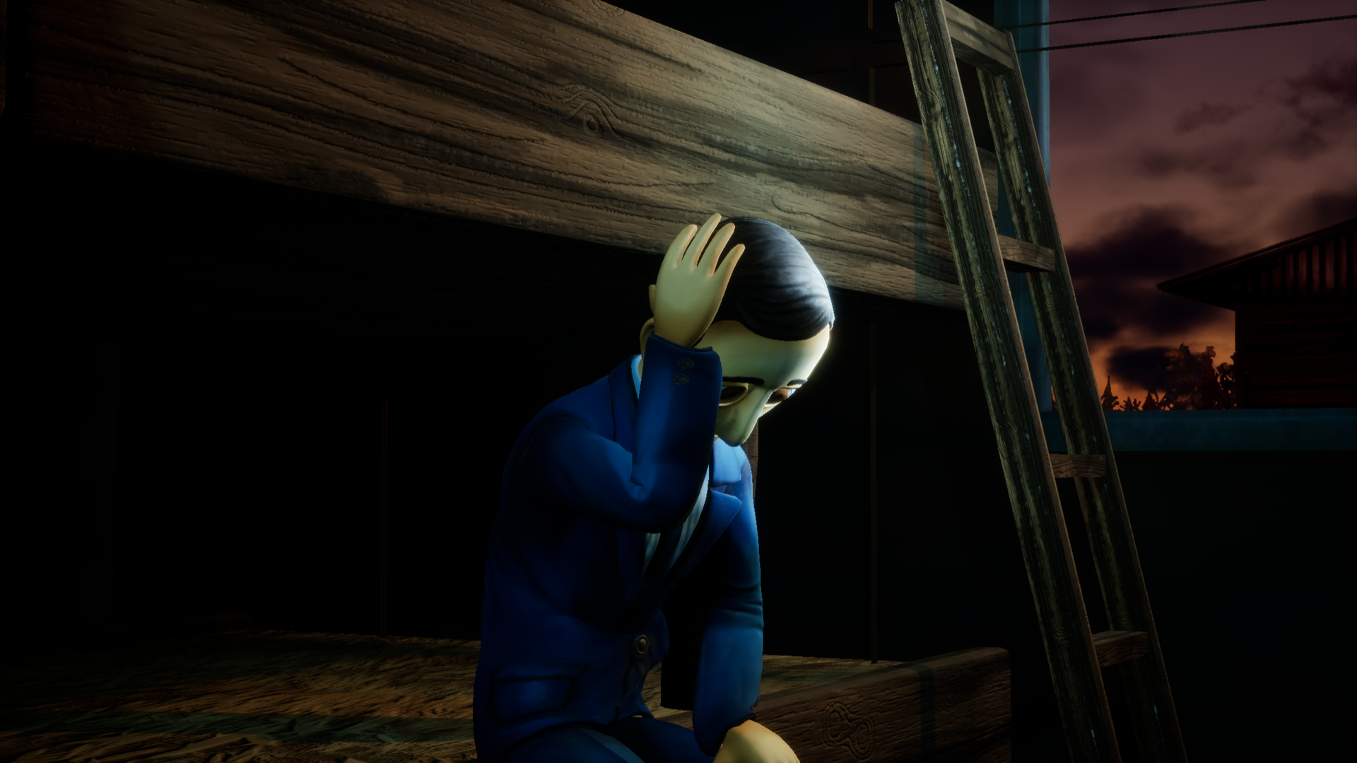 Moses alone in the darkness of the camps, holding his head in despair