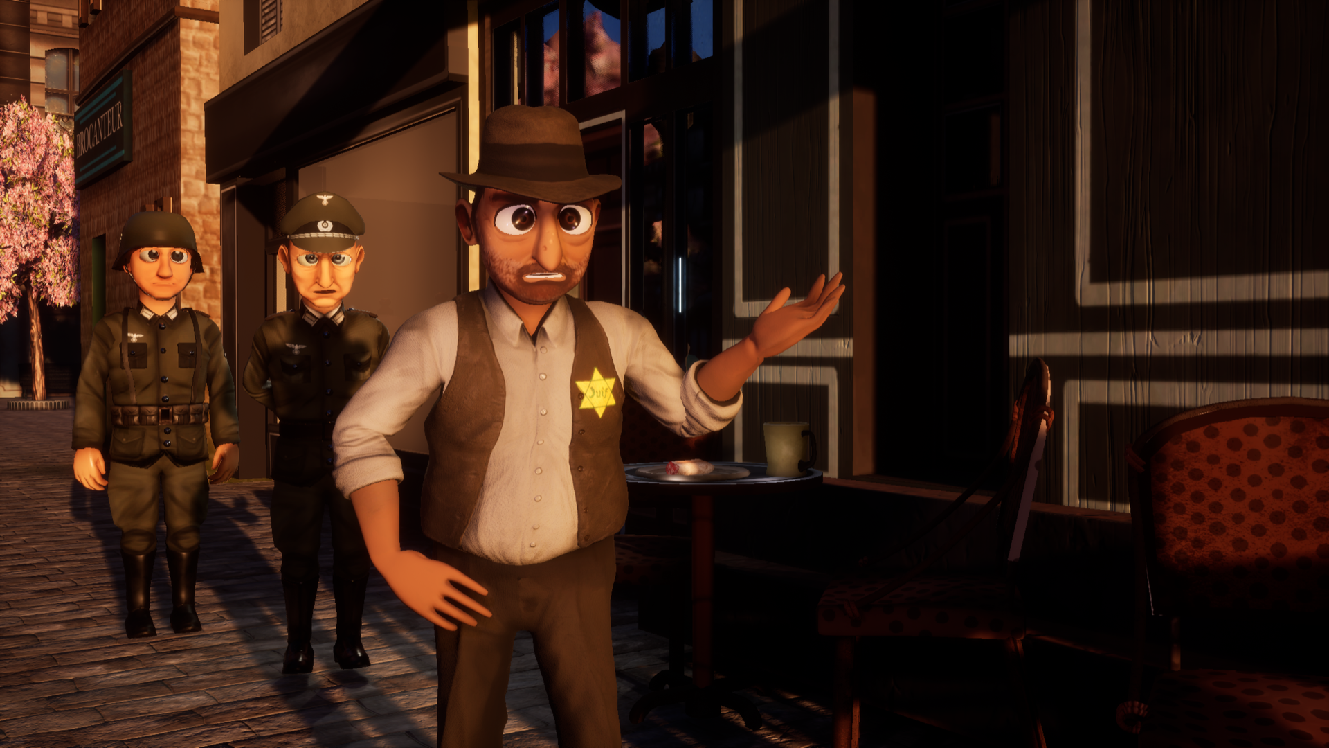 A man wearing a yellow star confronted by soldiers on a Paris street